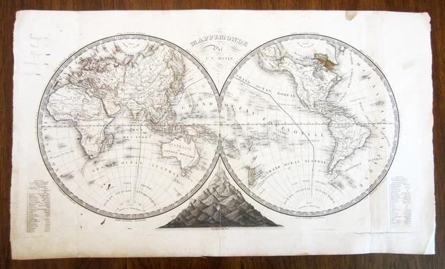 Map of World in Hemispheres by C. V.  Monin, Copper Engraving, 1834