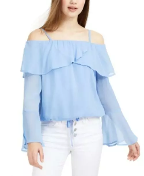 MSRP $39 Bcx Juniors' Off-The-Shoulder Bell-Sleeve Top Blue Size XL