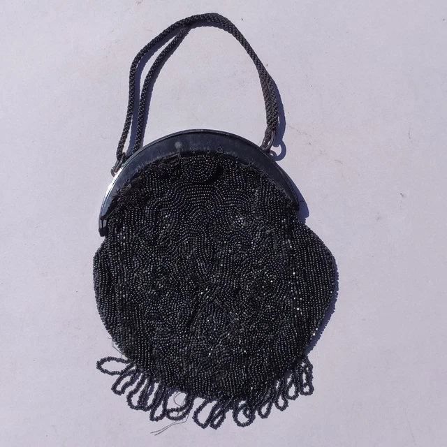 Sac à Main Perles Vintage Années 60 - Noir, Style Bandoulière, Authentique !