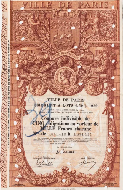 Rathaus De Paris - Darlehen A Lots 4,50% 1929 - 5 Fesseln 1000 Franken -