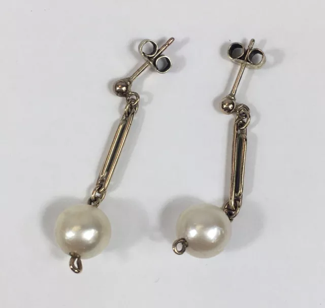 Vintage 9ct Yellow Gold Mounted Pearl Drop Earrings 3.5cm In Height 3.4g