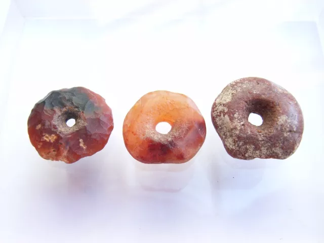 3 Ancient Neolithic Carnelian, Red Jasper Disc Beads, Stone Age,  VERY RARE !
