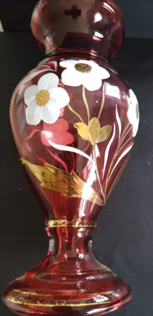 Vintage Cranberry Glass Vase hand painted with gold swirls,White Flowers  (501)