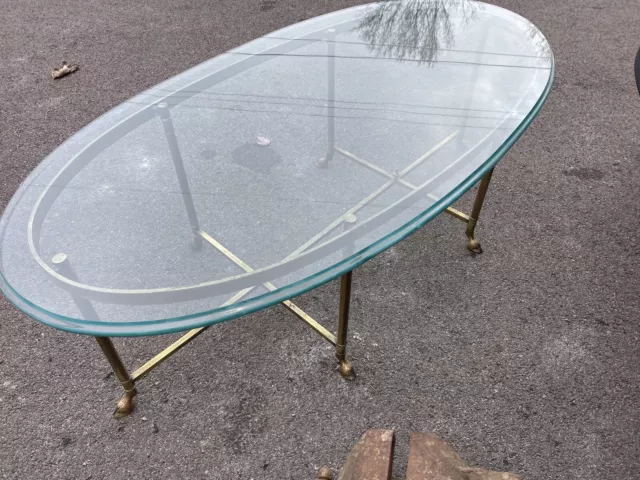 Mid-Century Modern Brass Hooved Feet Glass Coffee Cocktail Table by La Barge 60s