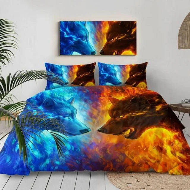 FIRE AND ICE Wolves By Jojoesart Quilt Duvet Cover Set Bedroom Decor ...