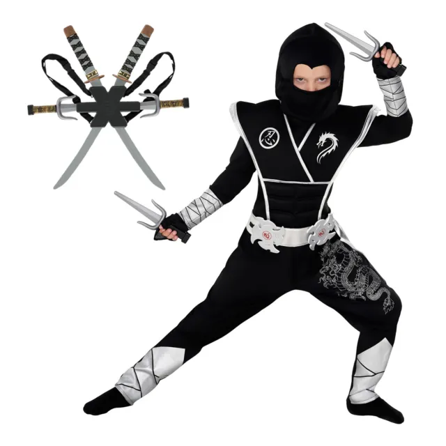 Costume ninja drago argento ragazzi + armi giocattolo bambini samurai guerriero abito elegante