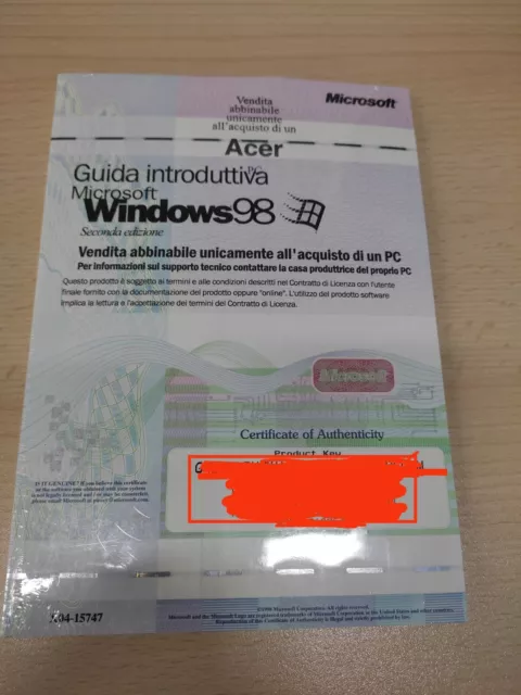 Windows 98 SE Italiano Originale. Manuale, licenza Product Key, CD Rom