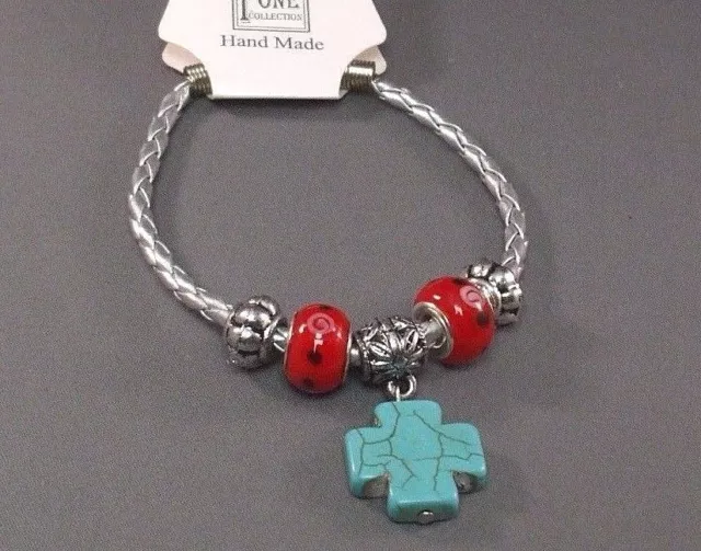 Christian Bracelet GLASS ART BEADS Turquoise Cross RED w BLACK & WHITE Gorgeous!