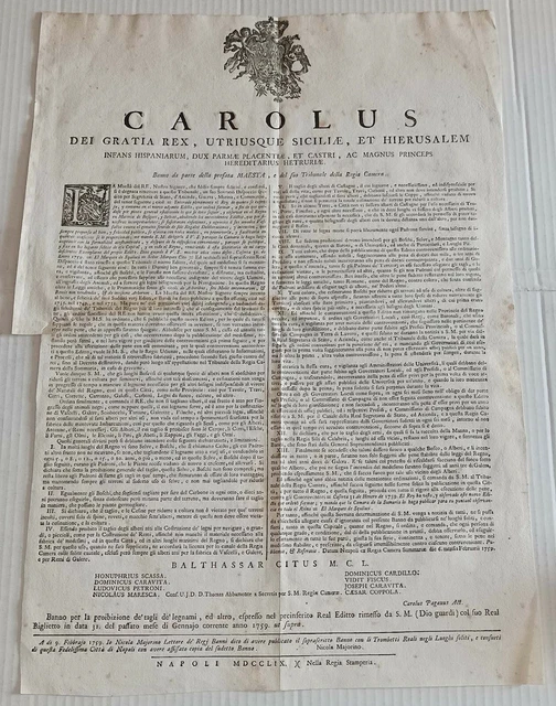 Real Editto Proibizione tagli dei legnami Napoli Regia Stamperia 1759 Majorino