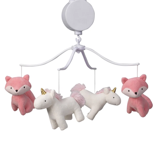 Bedtime Originals Rainbow Unicorn and Fox White/Coral Musical Baby Crib Mobile