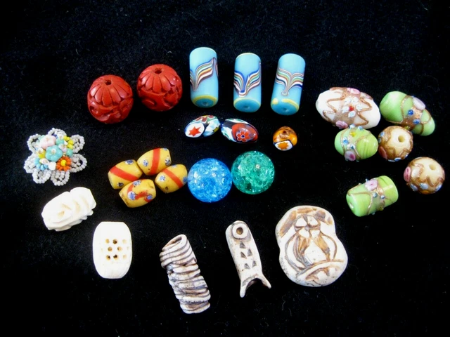 Lot Of Older Vintage Carved/Art Beads-Glass, And Ceramic, Wedding Cake Etc.