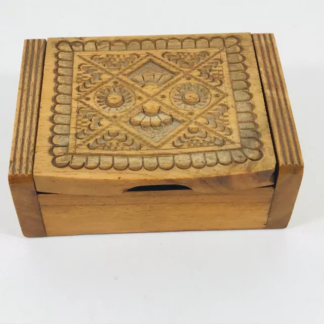 Carved Wooden Box Floral Design Jewellery Trinket Box Good Condition Small Treen