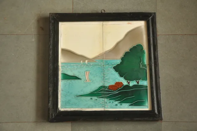 4 Pc Vintage Wooden Framed Natural Lake Scenery Design Ceramic Tiles,Japan