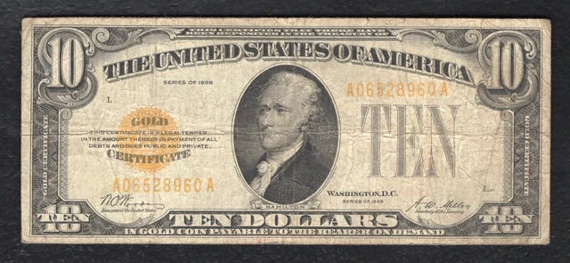 Fr. 2400 1928 $10 Ten Dollars Gold Certificate U.s. Currency Note (B)