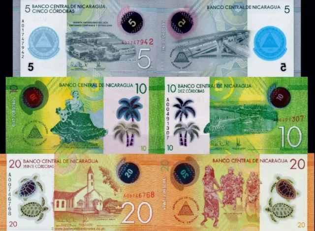 NICARAGUA - Lotto 3 banconote 5/10/20 Cordobas 2015 Polymer FDS - UNC