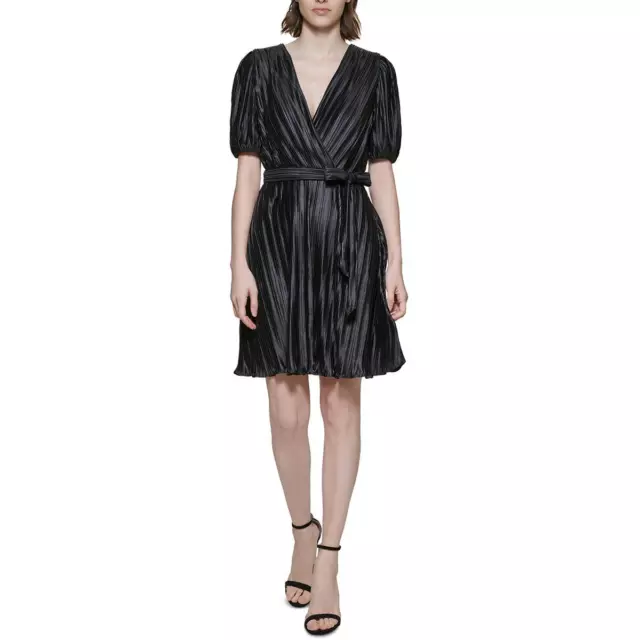 DKNY Womens Black Pleated Knee Puff Sleeve Wrap Dress 10 BHFO 2015