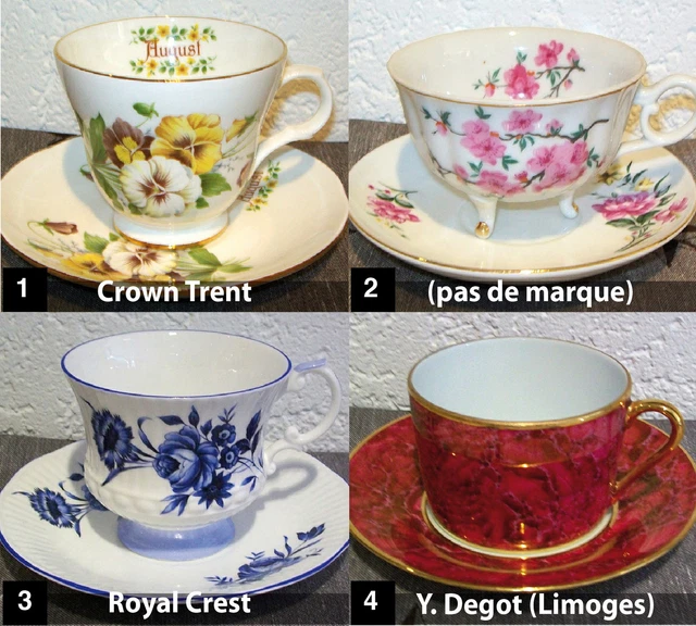 Lot De 4 Tasses + Soucoupes En Porcelaine à Fleurs - Occasion Avec Petits Défauts