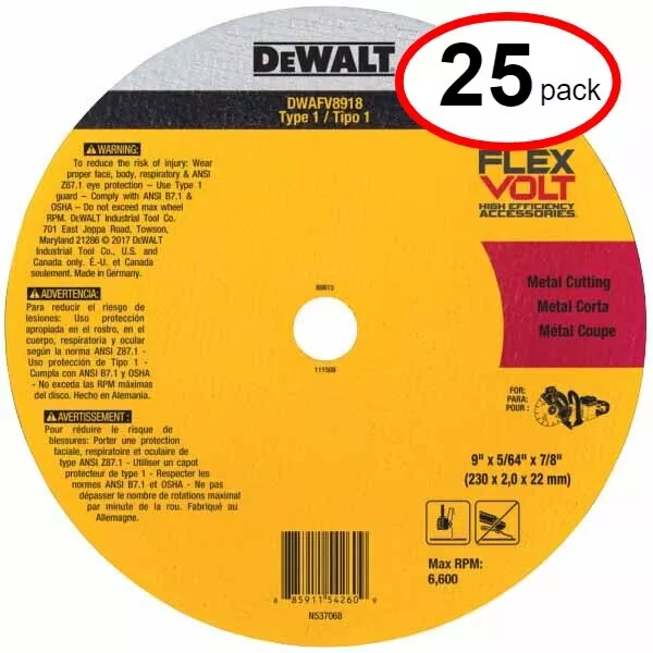 DeWalt DWAFV8918 9" x 5/64" x 7/8 T1 Flexvolt cutoff Wheel  - (25Pack)