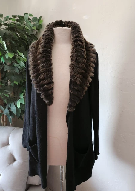 Theory Women's 100% Cashmere Cardigan Open Front rabbit trim black brown Theory Women's 100% Cashmere Cardigan Open Front rabbit trim black brown