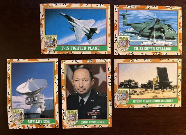 5 1991 Topps Desert Storm Cards, General Richard G. Graves, Satellite Dish, F-15