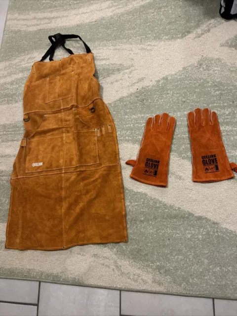 QeeLink Leather Welding Apron with 6 Pockets - Heat & Flame-Resistant W/ Gloves