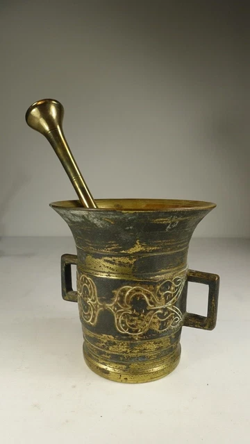Antiker Bronze Mörser mit Pistill 19. Jhd 4,1Kg Höhe 16 cm Durchmesser 16cm