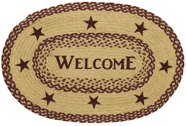 Oval Welcome Rug Burgundy & Tan Braided Jute Mat with Stenciled Stars 20" x 30"