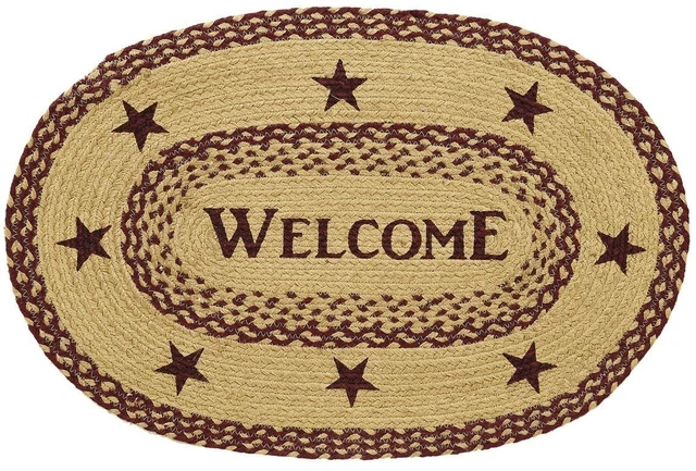 Oval Welcome Rug Burgundy & Tan Braided Jute Mat with Stenciled Stars 20" x 30"