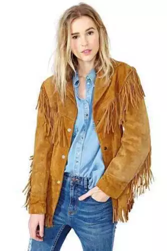 Women Western Cowboy Cowgirl Suede Leather Jacket With Fringe