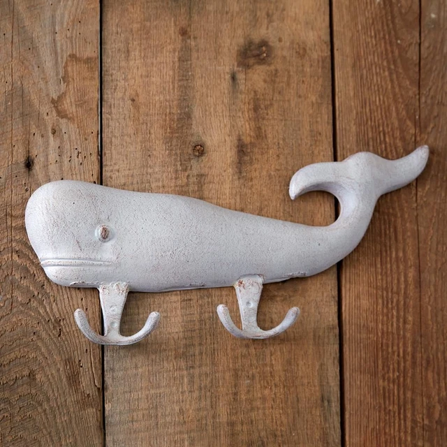 Whitewashed Cast Iron Whale With Double Hooks