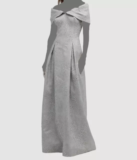 $760 Rickie Freeman Teri Jon Women's Silver Pleated Jacquard Gown Dress Size 16