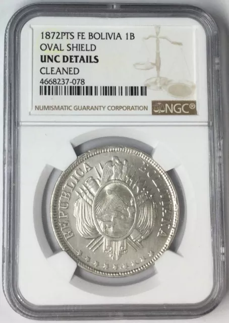 1872PTS FE Bolivia 1B Oval Shield NGC UNC Details #