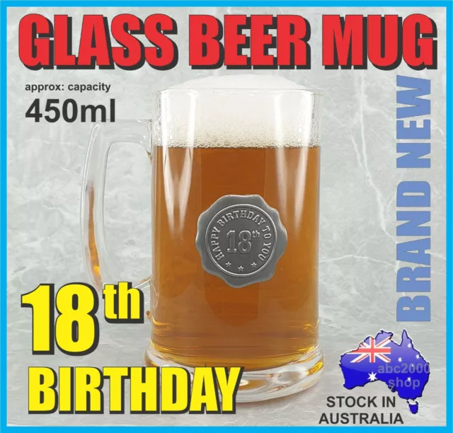 18th BIRTHDAY GLASS BEER MUG STEIN TANKARD WITH HANDLE HOME BAR GIFT 450ml