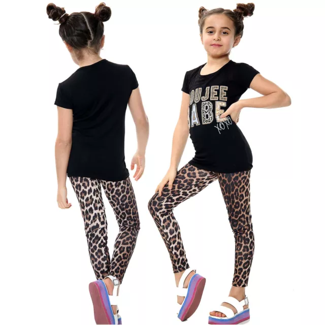 Kids Girls Top Boujee Babe Print Black T Shirt Tee & Trendy Leopard Legging 7-13