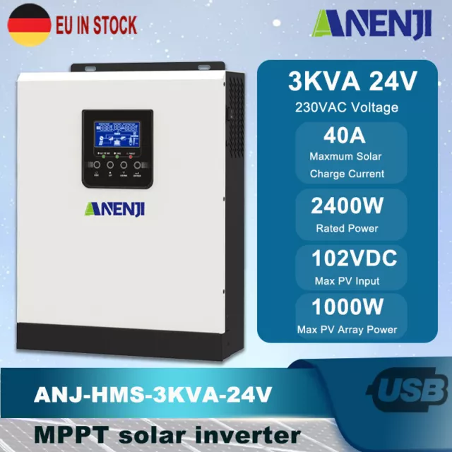 Solar Inverter 3KVA 2400W 220VAC 24VDC Off-Grid Hybrid Pure Sine Wave 70A MPPT