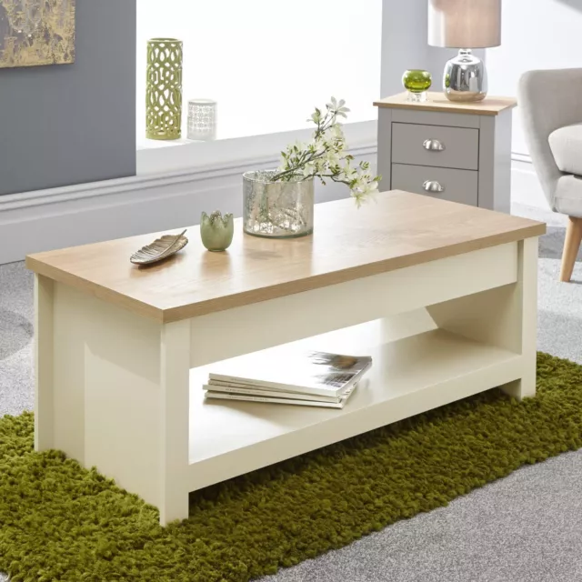 Lift Up Coffee Table Cream Oak Top Living Room Home Furniture Hidden Storage