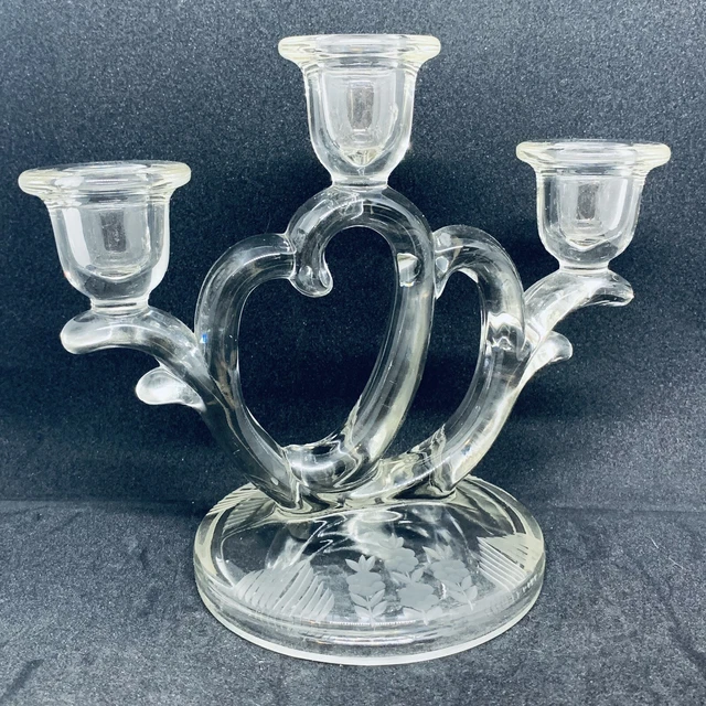 VINTAGE IMPERIAL GLASS Double Heart Candle Holder Triple Taper Unity