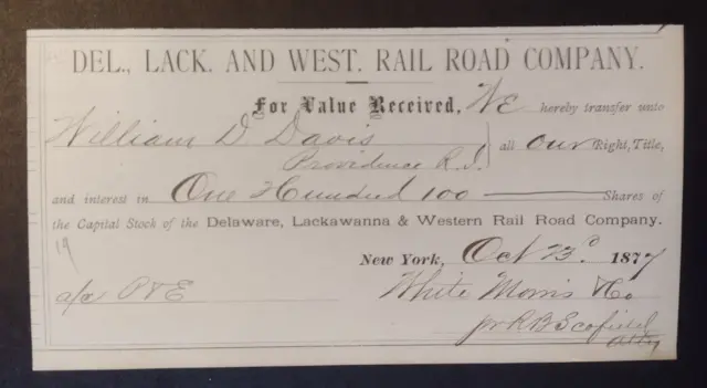1877 Delaware Lackawanna Western Railroad Capitol Stock Transfer Certificate