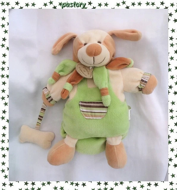 Doudou Peluche Marionnette Chien Vert Ecru Beige Rayures Os Doudou Et Compagnie