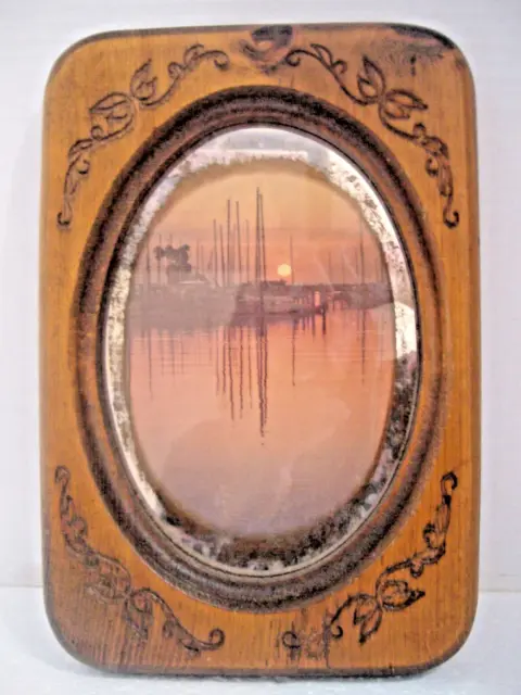 Antique Oval Mirror w/Picture in Oak Wood Frame w/Carved Designs Wall Hanging