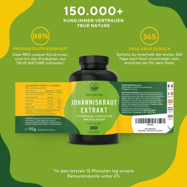 Johanniskraut Extrakt - mit Hypericin + Vitamin B6, B12 & Folsäure- TRUE NATURE® 2