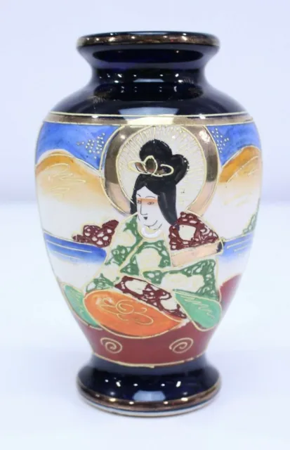 VTG Moriage Satsuma Immortals Woman Hand Painted Raised Blue Gold Oriental Japan