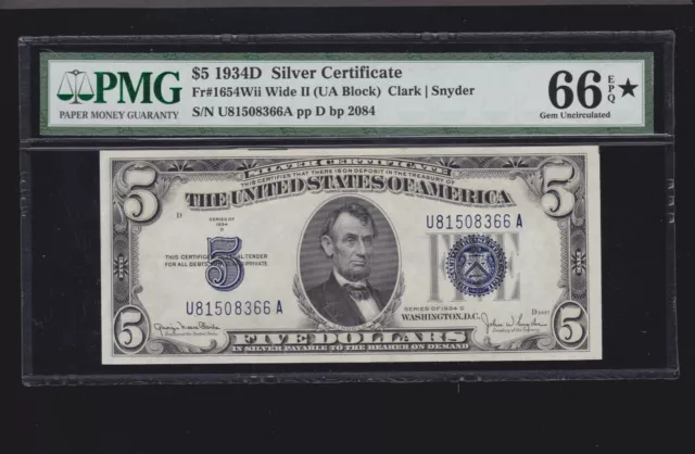US 1934D $5 Silver Certificate FR 1654 Wide II PMG 66 EPQ GEM CU (366)