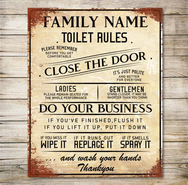 Personalised Toilet WC Sign Metal Wall Door Signage Washroom Rule Vintage Plaque