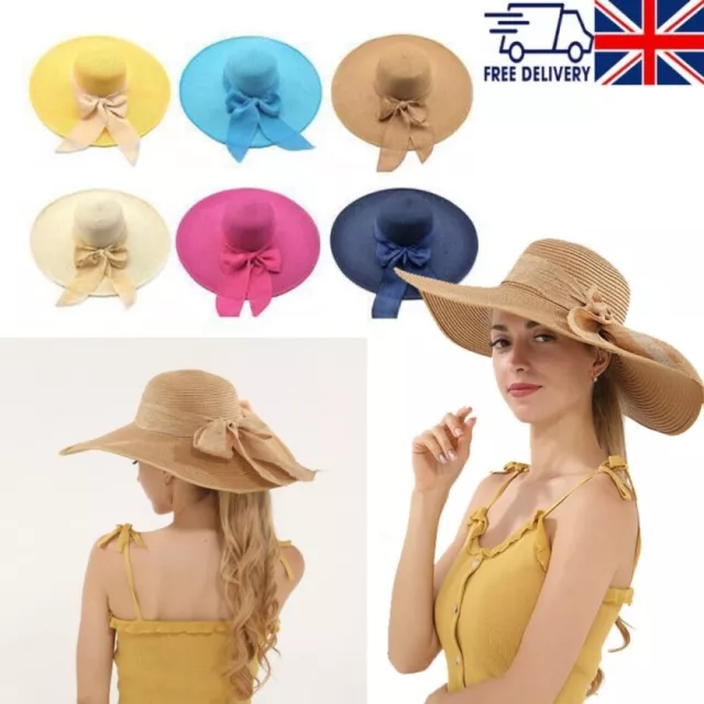 Floppy Foldable Ladies Women Straw Beach Sun Hat Summer Travel Wide Brim Cap UK