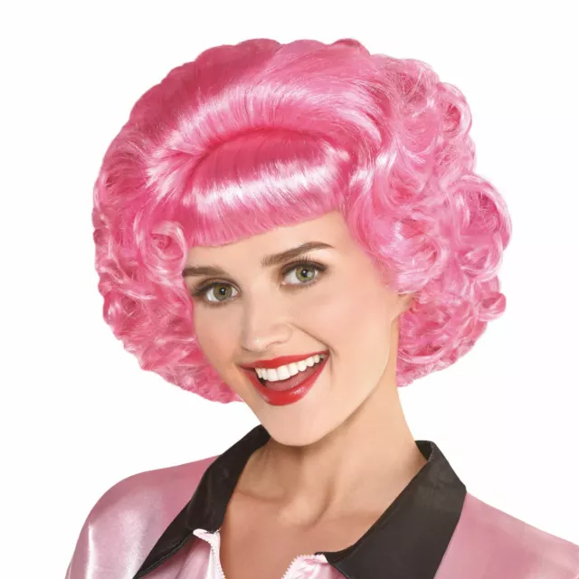 Official Adults Pink Ladies Frenchy Wig Fancy Dress Grease Film Movie Accessory