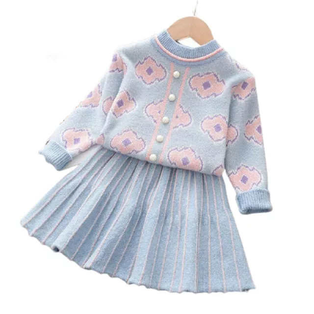 Girls Baby Winter Knitted Clothes Sets Cartoon Sweaters Tops Skirt Ruffles 2-7y