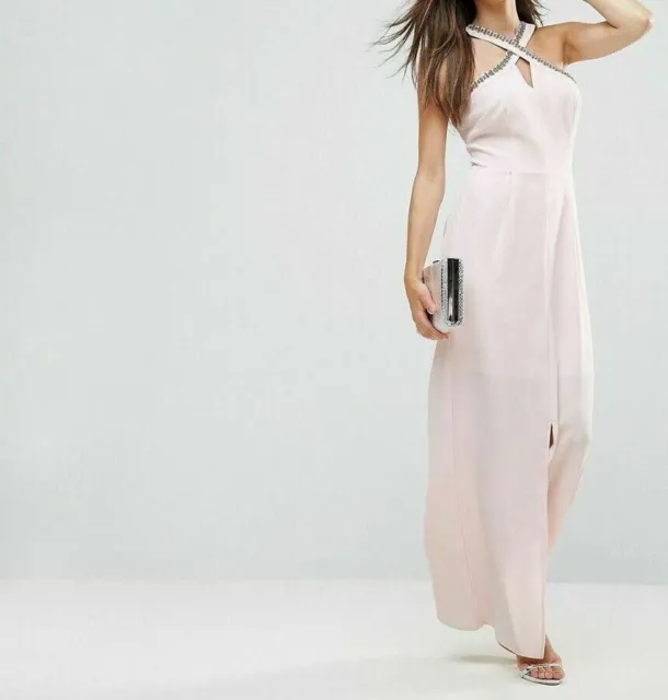 Warehouse Embellished Halter Neck Maxi Dress Pink UK 10 rrp £85 DH9 PP 13