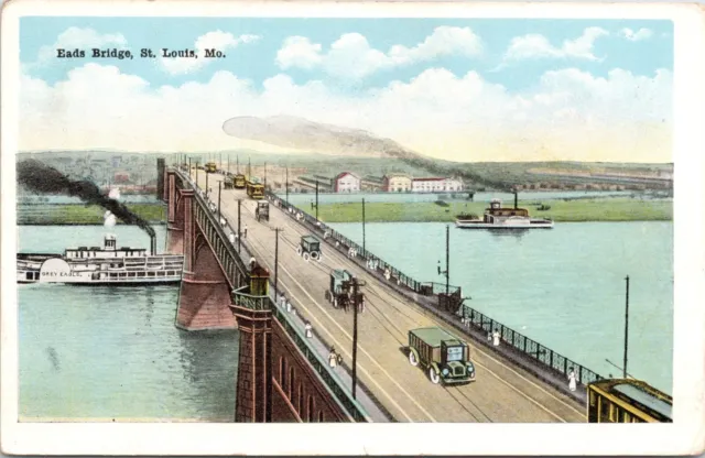 C.1920s St. Louis MO Eads Bridge Ferry Motor Cars Missouri Postcard A329