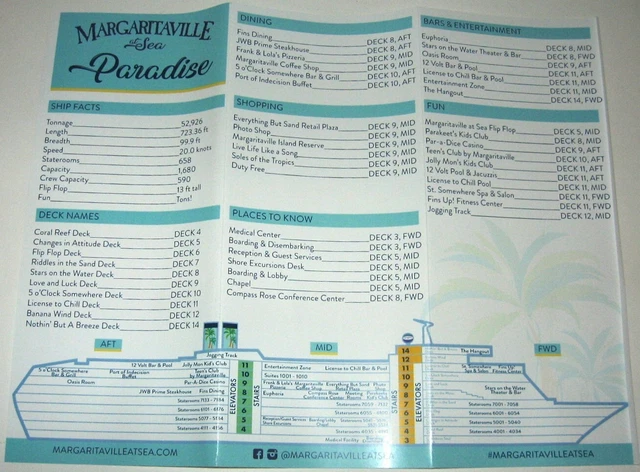 MARGARITAVILLE AT SEA Paradise Cruise Ship Deck Plan Tri-Fold Pamphlet $5.99 - PicClick